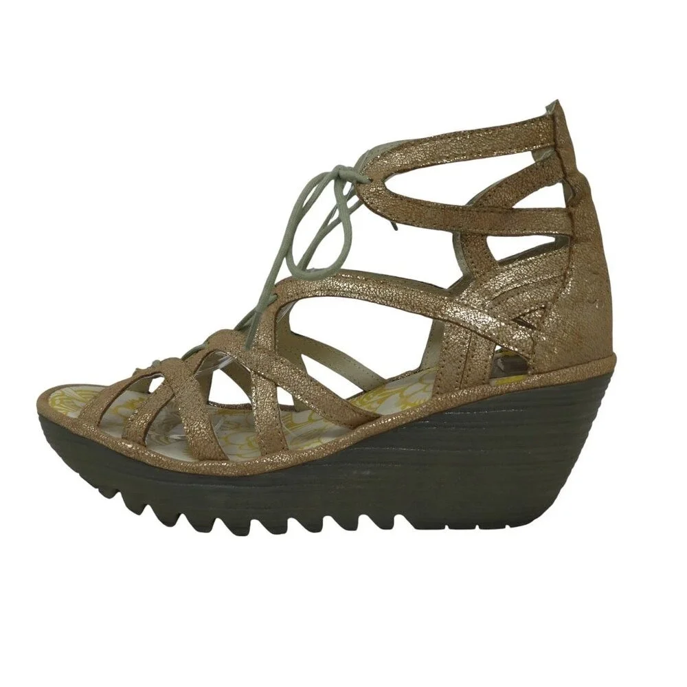 Fly London Yuke Wedge Sandals Women 38 Gold Metallic Lace Up Gladiator